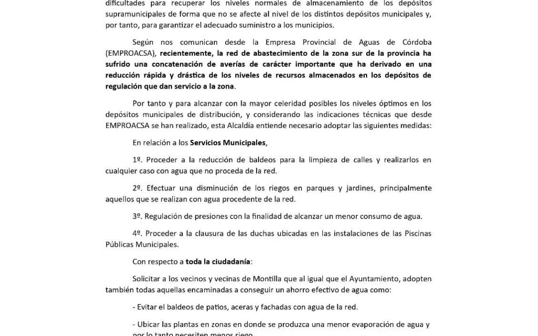 El Ayuntamiento de Montilla adopta medidas para recuperar los niveles de agua tras las incidencias en la red de Emproacsa